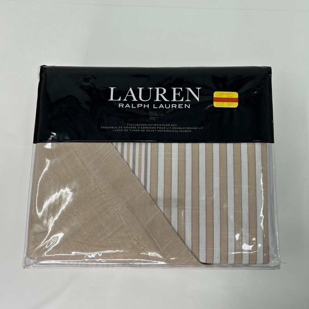 NWT Lauren Ralph Lauren Heath Beige Stripe Duvet Cover Set Queen